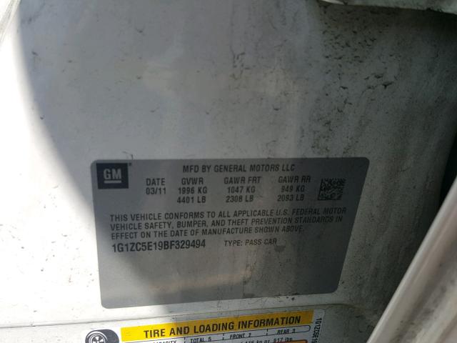 1G1ZC5E19BF329494 - 2011 CHEVROLET MALIBU 1LT თეთრი ფოტო 10