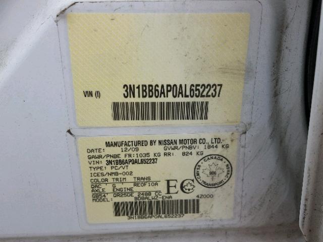 3N1BB6AP0AL652237 - 2010 NISSAN SENTRA SE- WHITE photo 10