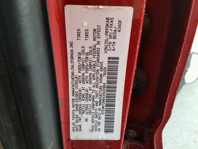 5TEHN72N64Z422964 - 2004 TOYOTA TACOMA DOU RED photo 10