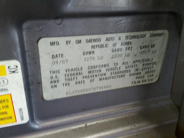 KL1TD66697B796463 - 2007 CHEVROLET AVEO BASE Szary zdjęcie 10