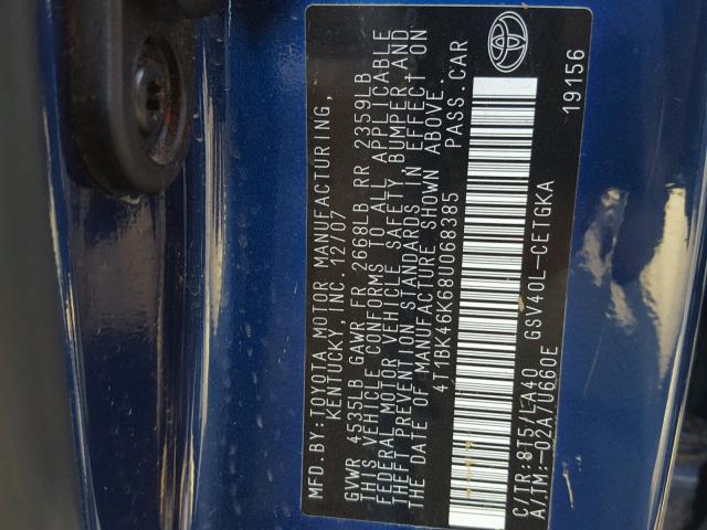 4T1BK46K68U068385 - 2008 TOYOTA CAMRY LE BLUE photo 10