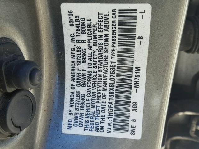 1HGFA168X6L076361 - 2006 HONDA CIVIC EX TAN photo 10