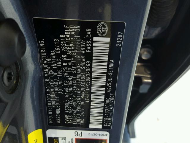 4T4BF1FK3DR320869 - 2013 TOYOTA CAMRY L 灰色 照片 10