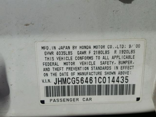 JHMCG56461C014435 - 2001 HONDA ACCORD LX WHITE photo 10