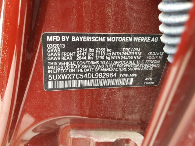 5UXWX7C54DL982964 - 2013 BMW X3 XDRIVE3 RED photo 10