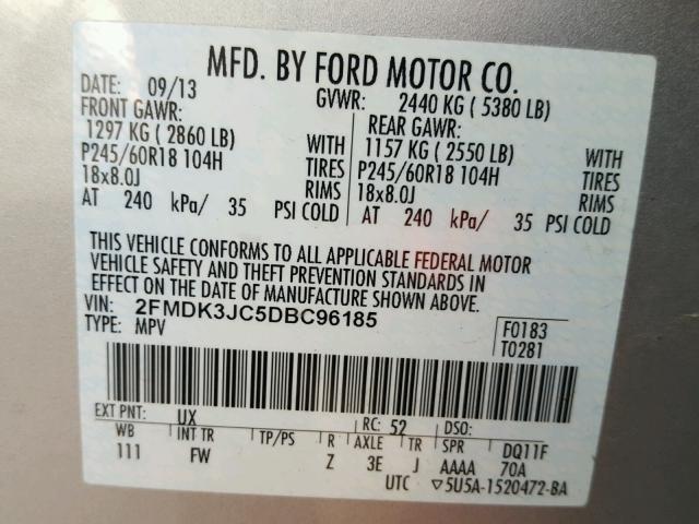 2FMDK3JC5DBC96185 - 2013 FORD EDGE SILVER photo 10