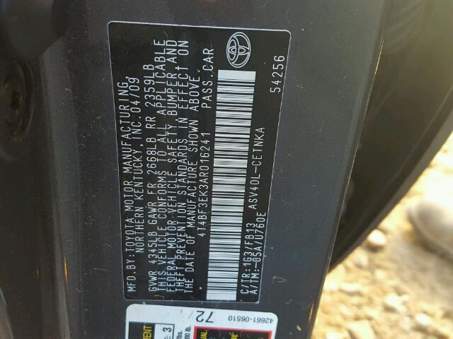 4T4BF3EK3AR016241 - 2010 TOYOTA CAMRY BASE GRAY photo 10