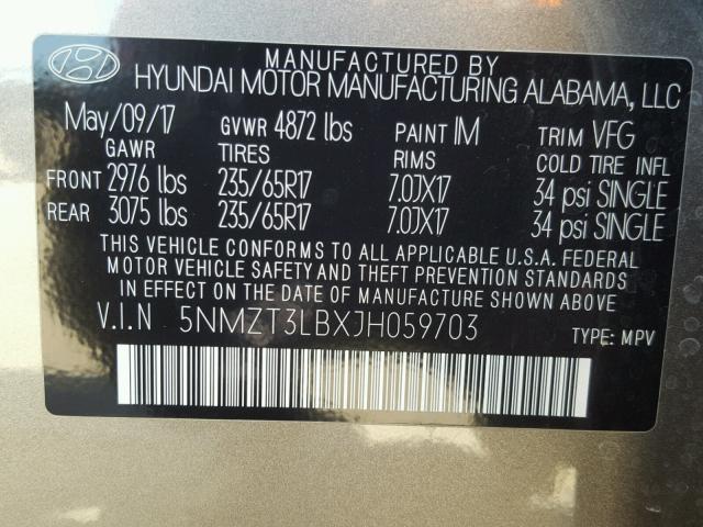 5NMZT3LBXJH059703 - 2018 HYUNDAI SANTA FE S Boz foto 10