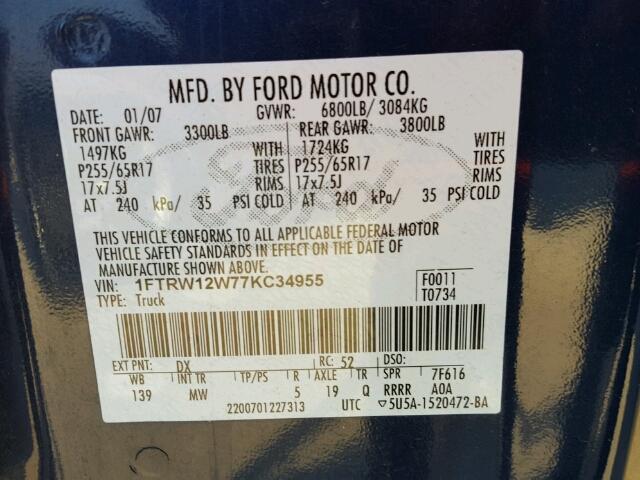 1FTRW12W77KC34955 - 2007 FORD F150 SUPER BLUE photo 10