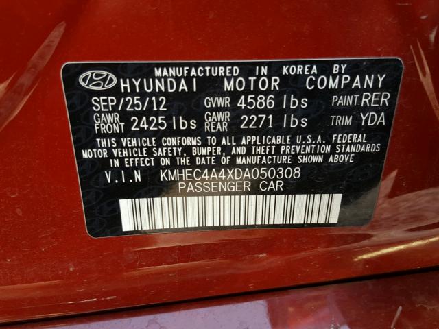 KMHEC4A4XDA050308 - 2013 HYUNDAI SONATA HYB MAROON photo 10