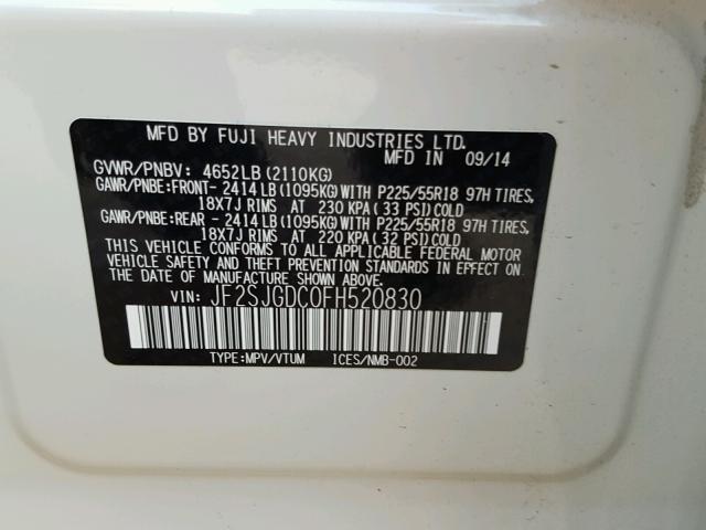 JF2SJGDC0FH520830 - 2015 SUBARU FORESTER 2 WHITE photo 10