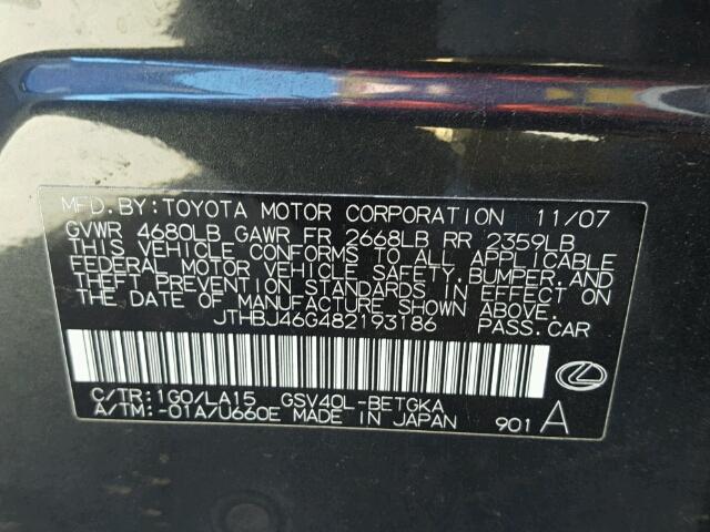 JTHBJ46G482193186 - 2008 LEXUS ES 350 GRAY photo 10