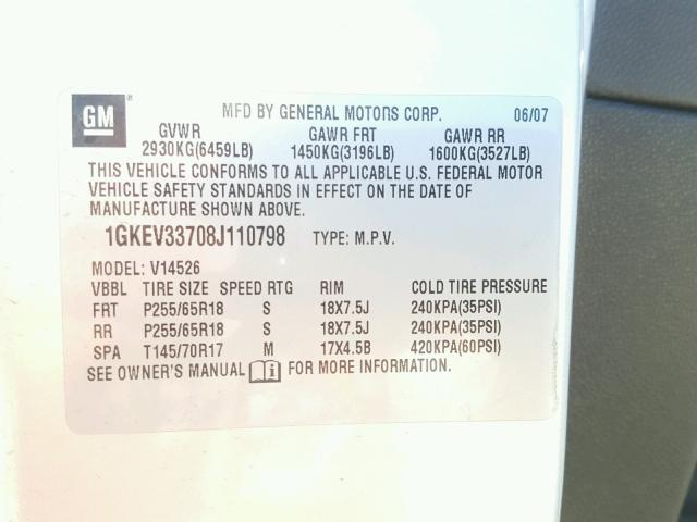 1GKEV33708J110798 - 2008 GMC ACADIA SLT SILVER photo 10