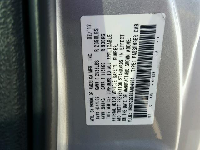 1HGCS2B89CA004604 - 2012 HONDA ACCORD EXL SILVER photo 10