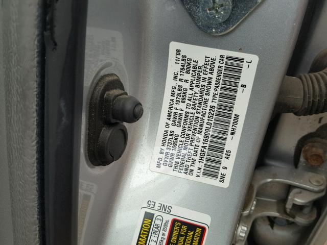 1HGFA16909L015226 - 2009 HONDA CIVIC EXL ვერცხლისფერი ფოტო 10