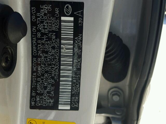 JTHBA30G945007556 - 2004 LEXUS ES 330 SILVER photo 10