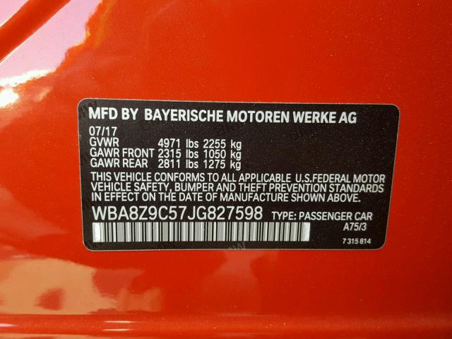 WBA8Z9C57JG827598 - 2018 BMW 330 XIGT RED photo 10