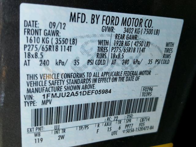 1FMJU2A51DEF05984 - 2013 FORD EXPEDITION CHARCOAL photo 10