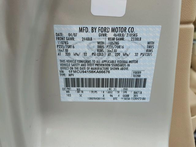 1FMCU94158KA66676 - 2008 FORD ESCAPE LIM WHITE photo 10