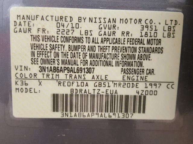 3N1AB6AP9AL691307 - 2010 NISSAN SENTRA SILVER photo 10