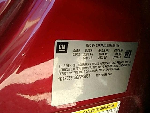 1G1ZC5E08CF283858 - 2012 CHEVROLET MALIBU 1LT BURGUNDY photo 10