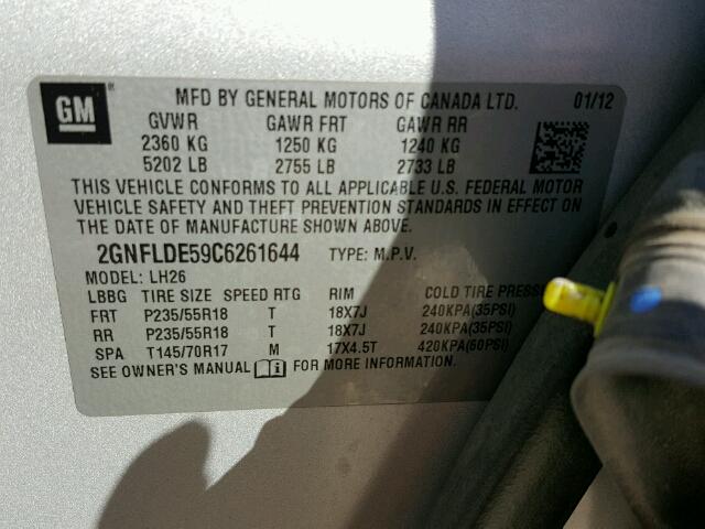 2GNFLDE59C6261644 - 2012 CHEVROLET EQUINOX LT SILVER photo 10