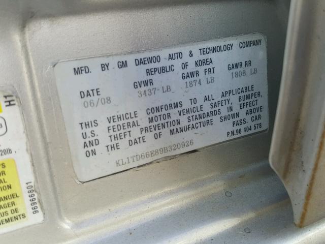 KL1TD66E89B320926 - 2009 CHEVROLET AVEO LS 银色 照片 10