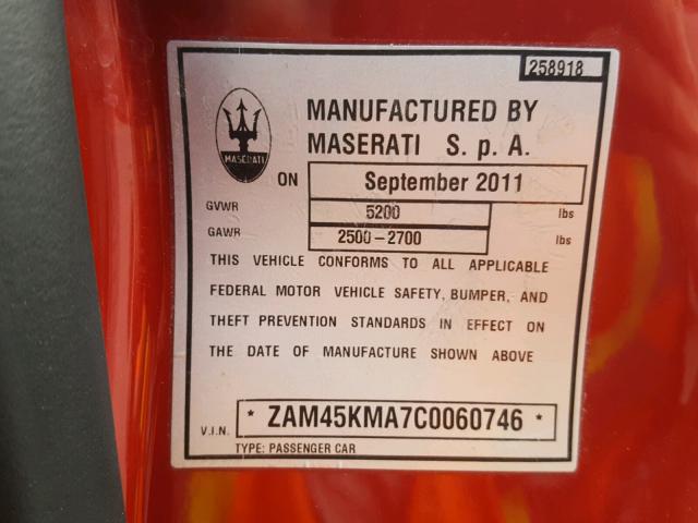 ZAM45KMA7C0060746 - 2012 MASERATI GRANTURISM RED photo 10