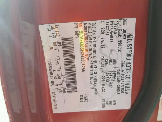 5LMEU68H24ZJ01266 - 2004 LINCOLN AVIATOR 红色 照片 10