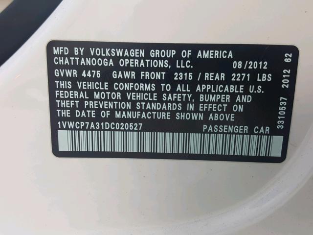 1VWCP7A31DC020527 - 2013 VOLKSWAGEN PASSAT SEL WHITE photo 10