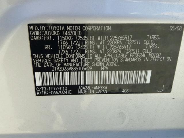 JTMZD33V885105629 - 2008 TOYOTA RAV4 SILVER photo 10