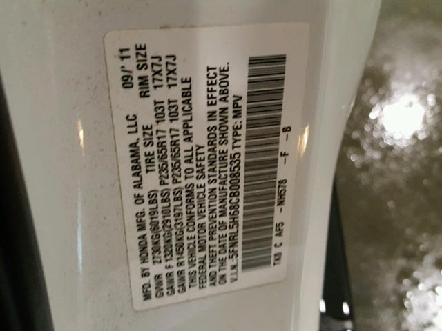 5FNRL5H68CB008535 - 2012 HONDA ODYSSEY EX WHITE photo 10