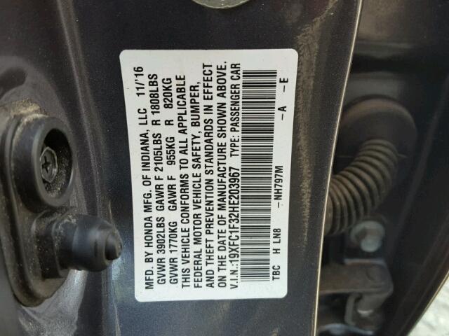 19XFC1F32HE203967 - 2017 HONDA CIVIC EX GRAY photo 10