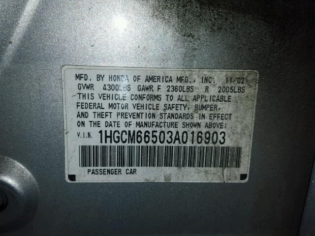 1HGCM66503A016903 - 2003 HONDA ACCORD EX SILVER photo 10