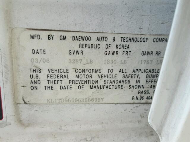 KL1TD66696B666987 - 2006 CHEVROLET AVEO BASE WHITE photo 10