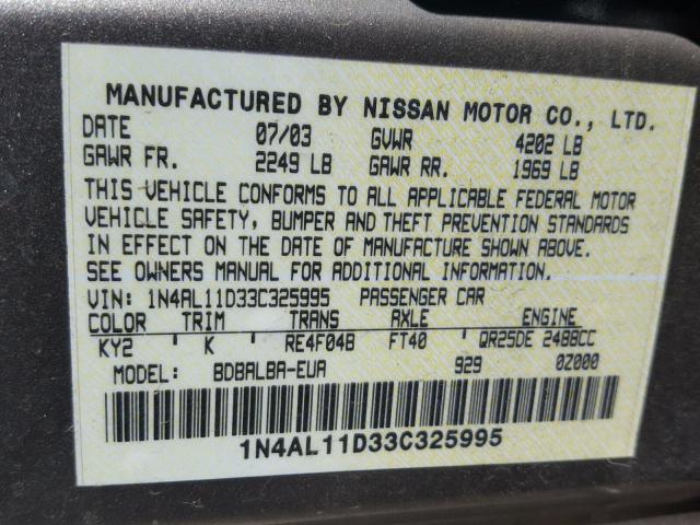 1N4AL11D33C325995 - 2003 NISSAN ALTIMA BAS GRAY photo 10