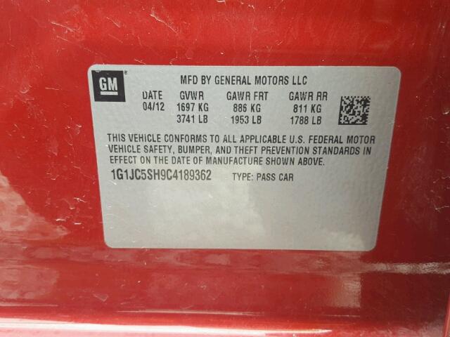 1G1JC5SH9C4189362 - 2012 CHEVROLET SONIC LT 红色 照片 10