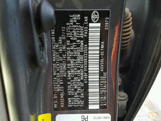 4T4BF1FKXDR333554 - 2013 TOYOTA CAMRY L 灰色 照片 10