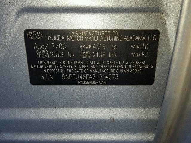 5NPEU46F47H214273 - 2007 HYUNDAI SONATA SE SILVER photo 10