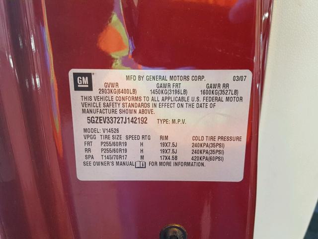 5GZEV33727J142192 - 2007 SATURN OUTLOOK SP წითელი ფოტო 10