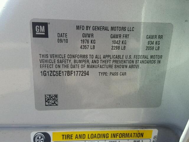 1G1ZC5E17BF177294 - 2011 CHEVROLET MALIBU 1LT ვერცხლისფერი ფოტო 10