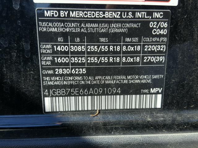 4JGBB75E66A091094 - 2006 MERCEDES-BENZ ML 500 BLACK photo 10