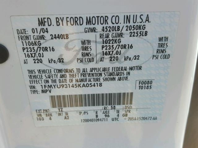 1FMYU93145KA05418 - 2005 FORD ESCAPE XLT WHITE photo 10