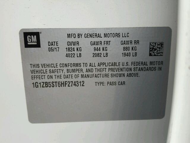 1G1ZB5ST6HF274312 - 2017 CHEVROLET MALIBU LS თეთრი ფოტო 10