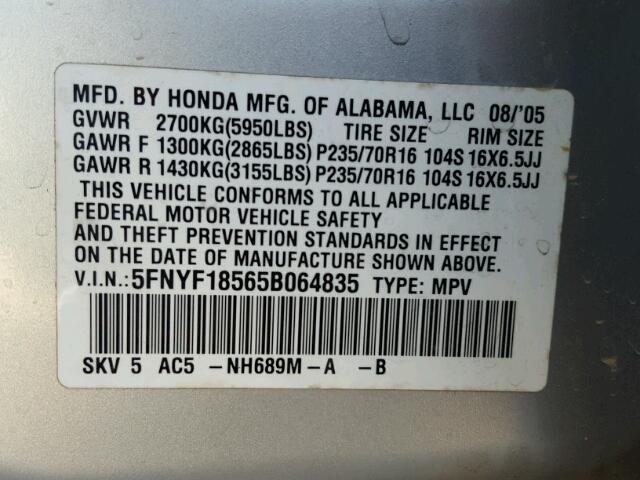 5FNYF18565B064835 - 2005 HONDA PILOT EXL SILVER photo 10