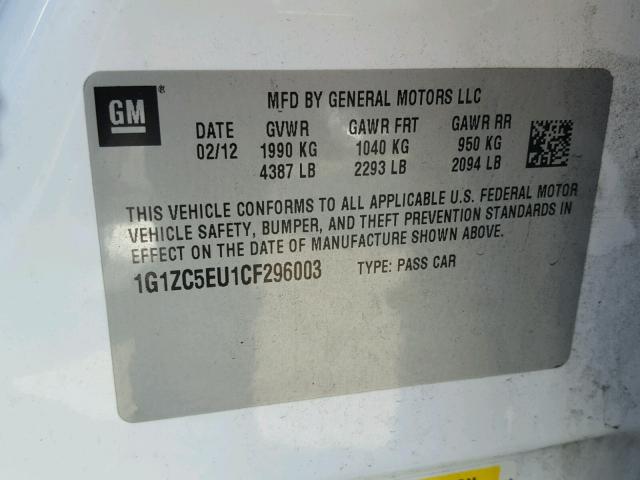 1G1ZC5EU1CF296003 - 2012 CHEVROLET MALIBU 1LT 白色 照片 10