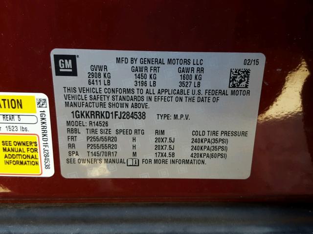 1GKKRRKD1FJ284538 - 2015 GMC ACADIA SLT RED photo 10