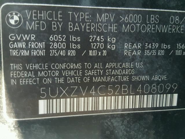 5UXZV4C52BL408099 - 2011 BMW X5 XDRIVE3 BLACK photo 10