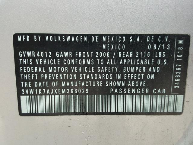 3VW1K7AJXEM366029 - 2014 VOLKSWAGEN JETTA BASE SILVER photo 10