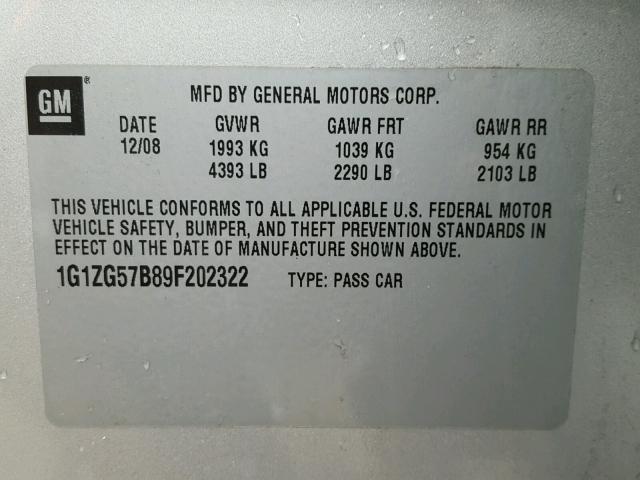 1G1ZG57B89F202322 - 2009 CHEVROLET MALIBU LS ვერცხლისფერი ფოტო 10